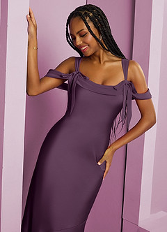 Barbie ♥ Azazie Bridesmaid Dresses Plum Sheath Pleated Stretch Satin Dress image7