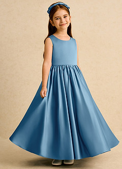 Azazie Nellia vestidos de niña de las flores Vestido de Azul Acero de Satin Mate de Corte En A con Lazo image4
