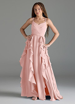 Azazie Peyton Junior Powder Pink A-Line V-Neck Cascading Ruffles Chiffon Dress image1
