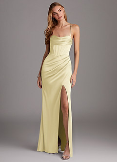 Azazie Brookelle Bridesmaid Dresses Lemon Sorbet Sheath Sweetheart Corset Stretch Satin Dress image4