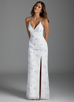 Azazie Becca Bridesmaid Dresses Blue Vintage Floral Sheath V-Neck Chiffon Dress image3