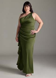 Azazie Latrice Bridesmaid Dresses Olive Sheath One Shoulder Cascading Ruffles Stretch Satin Dress image8