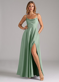 Azazie Elle Bridesmaid Dresses Agave A-Line Pleated Stretch Satin Dress image3