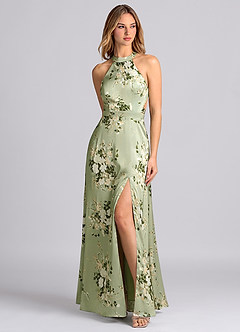 Azazie Clarice Bridesmaid Dresses Floral Vines A-Line High Neck Stretch Satin Dress image4