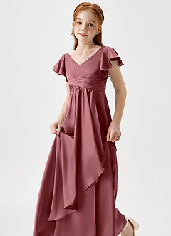 Azazie Omari Junior Desert Rose A-Line Pleated Stretch Satin Dress image6