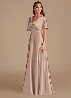 Azazie Pamela Bridesmaid Dresses Taupe A-Line Pleated Metallic Satin Dress image4
