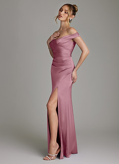 Azazie Teyana Bridesmaid Dresses Vintage Mauve Sheath Off the Shoulder Stretch Satin Dress image6