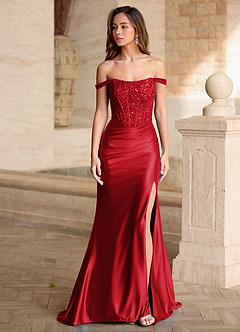Valeria Red Velvet Sequins Corset Satin Prom Dress image10