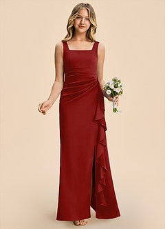 Azazie Adrienne Junior Pomegranate Sheath Pleated Stretch Satin Dress image4