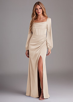 Azazie Charissa Bridesmaid Dresses White Alabaster Sheath Long Sleeve Stretch Satin Dress image4