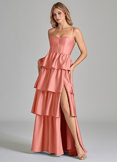 Azazie Faye Bridesmaid Dresses Coral A-Line Ruched Stretch Satin Dress image8