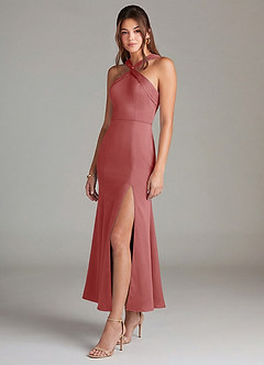 Azazie Rue 신부 들러리 드레스 인어 주름진 스트레치 새틴 발목 길이 드레스 image4