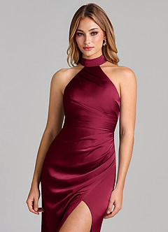Azazie Karlotta Bridesmaid Dresses Burgundy Sheath Pleated Stretch Satin Dress image6