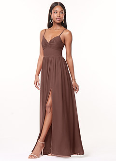 Azazie Zeya Bridesmaid Dresses Espresso A-Line V-Neck Pleated Chiffon Dress image4