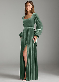 Azazie Leonia Bridesmaid Dresses Eucalyptus A-Line Long Sleeve Velvet Dress image5