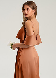Azazie Jean Bridesmaid Dresses Copper A-Line Off the Shoulder Stretch Satin Dress image7
