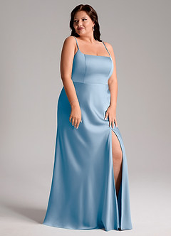 Azazie Lidia Bridesmaid Dresses Powder Blue Mermaid Side Slit Stretch Satin Dress image5