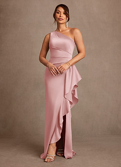 Azazie Yvette vestidos de madre de la novia Vestido de Rosa Empolvado de Satén Elástico de Corte Recto con Hombro unilateral image1