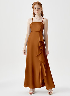 Azazie Kaylee Junior Copper A-Line with Belt Metallic Satin Dress image1