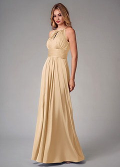 Azazie Bonnie Bridesmaid Dresses Gold A-Line Pleated Stretch Satin Dress image3