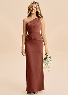 Azazie Akilah Junior Robe Fourreau en Satin extensible Plissée Auburn image1