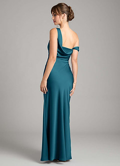 Azazie Madelyn Bridesmaid Dresses Ink Blue Mermaid One Shoulder Stretch Satin Convertible Dress image2
