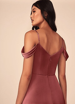 Azazie Ocean Bridesmaid Dresses Terracotta A-Line V-Neck Pleated Stretch Satin Dress image5