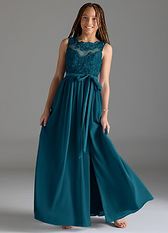 Azazie Elly Junior Abito A-Line in Chiffon Pizzo Blu Inchiostro image1