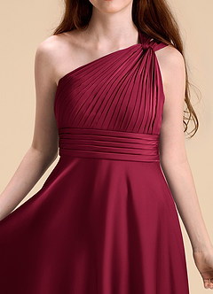 Azazie Charlize Junior Burgundy A-Line Pleated Stretch Satin Dress image7