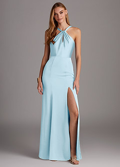 Azazie Elana Bridesmaid Dresses Sky Blue Sheath Side Slit Stretch Satin Dress image1