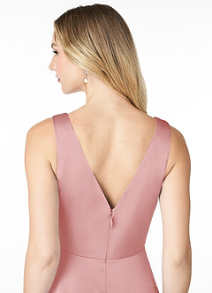Azazie Nelly Vestidos de damas de honor Vestido Rosa Empolvado de Satén Elástico de Línea A con Cuello en V Plisado image5
