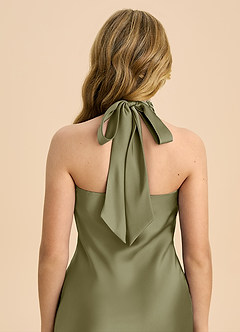 Azazie Chickie Junior Vestido de Pistacho de Satén Elástico de Corte Recto con Plisado image6