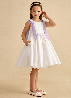 Azazie Stacie Flower Girl Dresses Ivory Frosted Lilac A-Line Bow Matte Satin Dress image2