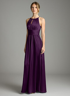 Azazie Bonnie Vestidos de damas de honor Vestido de Uva de Satén Elástico de Corte en A con Plisado image1