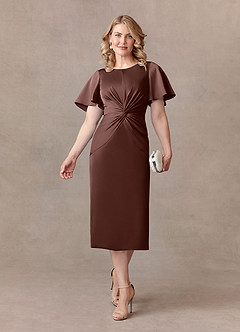 Azazie Everlyn Mother of the Bride Dresses Espresso Sheath Pleated Stretch Satin Dress image1