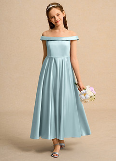 Azazie Teeny Girls Formal Sukienki dla dziewczynek sypiących kwiaty Linia A Pofałdowany Matowy satynowy Długość kostki Sukienka image3