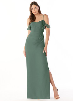 Azazie Emeralda Robes de demoiselle d'honneur Robe Fourreau en Mousseline de soie Épaule décolletée Eucalyptus image3