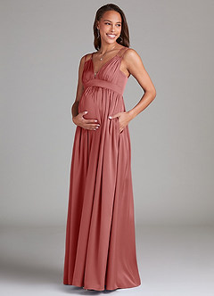 Azazie Emree Robes de demoiselle d'honneur de maternité Robe Trapèze avec poches Longueur ras du sol Satin extensible image3