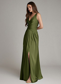 Azazie Pauline Bridesmaid Dresses Olive A-Line Pleated Stretch Satin Dress image6