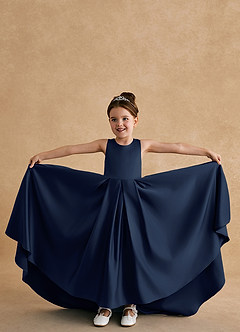Azazie Sammy Flower Girl Dresses Dark Navy A-Line Lace Matte Satin Dress image4