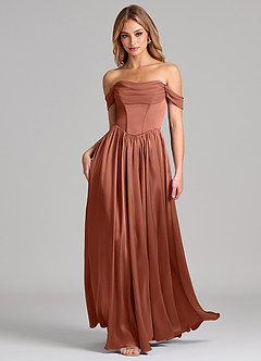Azazie Raisa Bridesmaid Dresses Auburn A-Line Off the Shoulder Stretch Satin Dress image3