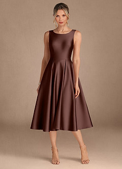 Azazie Fulton Vestidos para mãe da noiva Vestido Café Expresso de Cetim elástico de Linha A com Plissado image5