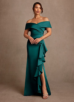 Azazie Kirsty Mère de la mariée Robes Robe Fourreau en Satin extensible Épaule décolletée Paon image1