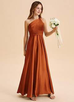 Azazie Charlize Junior Cinnamon A-Line Pleated Stretch Satin Dress image3
