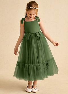 Azazie Jaci Robe Demoiselle D'honneur Fillette Robe Trapèze en Mousseline de soie Bretelle Spaghetti Olive image6