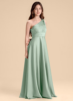 Azazie Charlize Junior Agave A-Line Pleated Stretch Satin Dress image3