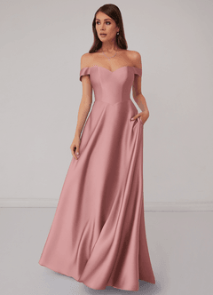 Barbie ♥ Azazie Brudtärnklänningar Klänning av A-Line i Stretch Satin Av axeln Dammig Ros Konvertibel image2