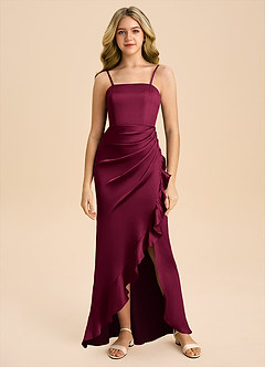 Azazie Buzzy Junior Robe Fourreau en Satin extensible Plissé Bourgogne image4