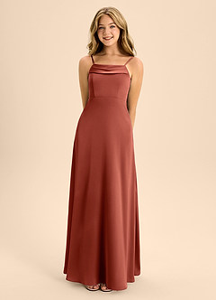 Azazie Anselie Junior Jurk van Stretch Satijn met A-Lijn Off the Shoulder Terracotta image4