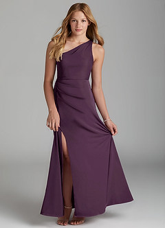 Azazie Maron Junior Plum A-Line Pleated Stretch Satin Dress image1